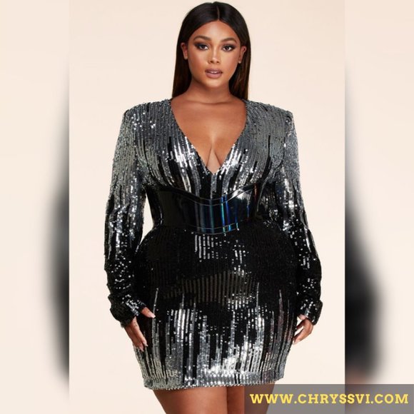 plus size black and silver sequin dress NWT City Chic Silver Black Sequin Wrap Dress